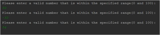 Please enter a valid number that is within the specified range (0 and 100): Please enter a valid number that is within the sp