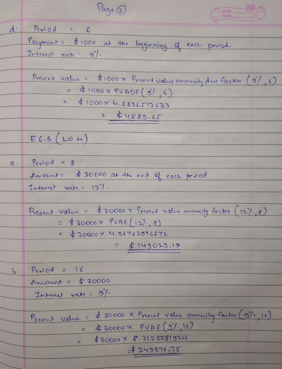 DATE PAGE d. Page @ Period = 6 Payment = $1000 at the beginning Interest rate = g% of each period Present value = $1000 * Pre