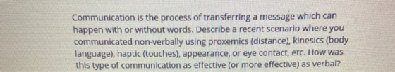 Communication is the process of transferring a message which can happen with or without words. Describe a recent scenario whe