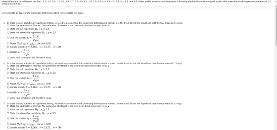 observations are (in milligrams per liter): 5.0, 3.4, 3.9, 1.3, 0.2, 0.9, 2.7, 3.7, 3.8, 4.1, 1.0, 1.0, 0.8, 0.4, 3.8, 4.5, 5