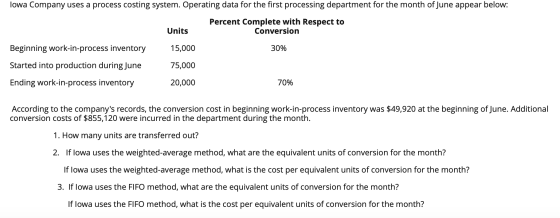 lowa Company uses a process costing system. Operating data for the first processing department for the month of June appear b