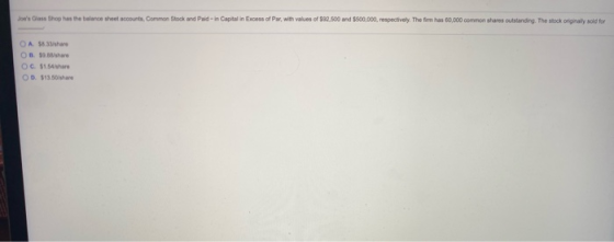 Joes Glass Shop has the balance sheet accounts, Common Stock and Paid - in Capital in Excess of Pw, with values of 382.500 a