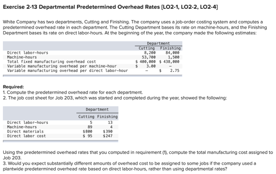 Exercise 2-13 Departmental Predetermined Overhead Rates (LO2-1, LO2-2, LO2-4) White Company has two departments, Cutting and