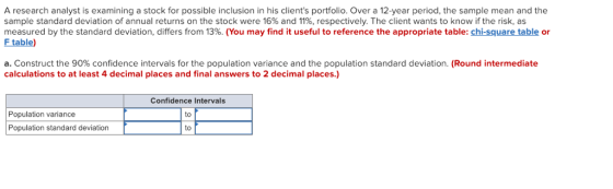 A research analyst is examining a stock for possible inclusion in his clients portfolio. Over a 12-year period, the sample mean and the sample standard deviation of annual returns on the stock were 16% and 11%, respectively. The client wants to know if the risk, as measured by the standard deviation, differs from 13%. (You may find it useful to reference the appropriate table: chi-square table or F table) a. Construct the 90% confidence intervals for the population variance and the population standard deviation. (Round intermediate calculations to at least 4 decimal places and final answers to 2 decimal places.) Population variance Population standard deviation Confidence Intervals to to
