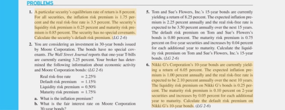 1. A particular securitys equilibrium rate of return is 8 percent.5. Tom and Sues Flowers, Inc.s 15-year bonds are currently yielding a return of 8.25 percent. The expected inflation pre- mium is 2.25 percent annually and the real risk-free rate is expected to be 3.50 percent annually over the next 15 years. The default risk premium on Tom and Sues Flowerss bonds is 0.80 percent. The maturity risk premium is 0.75 percent on five-year securities and increases by 0.04 percent for each additional year to maturity. Calculate the liquid- ity risk premium on Tom and Sues Flowers, Inc.s 15-year For all securities, the inflation risk premium is 1.75 per- cent and the real risk-free rate is 3.5 percent. The securitys liquidity risk premium is 0.25 percent and maturity risk pre- mium is 0.85 percent. The security has no special covenants Calculate the securitys default risk premium. (LG 2-6) 2. You are considering an investment in 30-year bonds issued by Moore Corporation. enants. The Wall Street Journal reports that one-year T-bills are currently earning 3.25 percent. Your broker has deter- mined the following information about economic activity and Moore Corporation bonds: (LG 2-6) 6. Nikki Gs Corporations 10-year bonds are currently yield- ing a return of 6.05 percent. The expected inflation pre- mium is 1.00 percent annually and the real risk-free rate is expected to be 2.10 percent annually over the next 10 years. The liquidity risk premium on Nikki Gs bonds is 0.25 per- cent. The maturity risk premium is 0.10 percent on 2-year securities and increases by 0.05 percent for each additional year to maturity. Calculate the default risk premium on Real risk-free rate 2 Default risk premium -1.15% Liquidity risk premium 0.50% Maturity risk premium-1.75% a. What is the inflation premium? b. What is the fair interest rate on Moore Corporation Nikki Gs 10-year bonds. (LG 2-6)