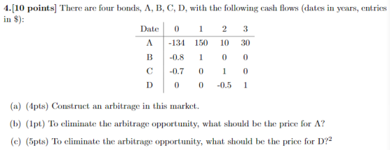 4.[10 points] There are four bonds, A, B, C, D, with the following cash flows (dates in years, entries in $): Date 0 1 2 3 -1