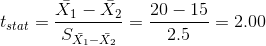 t_{stat}=\frac{\bar{X_1}-\bar{X_2}}{S_{\bar{X_1}-\bar{X_2}}}=\frac{20-15}{2.5}=2.00
