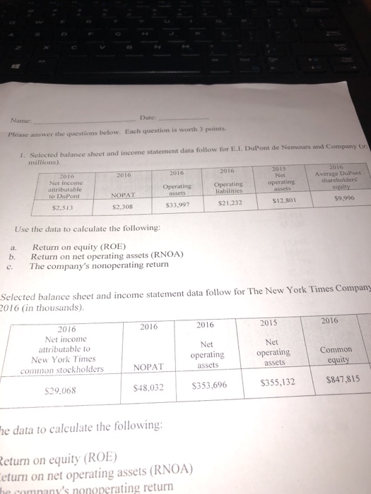 Nume Date: Please answer the questions below. Each question is worth 3 points. 1. Selected balance sheet and income statement