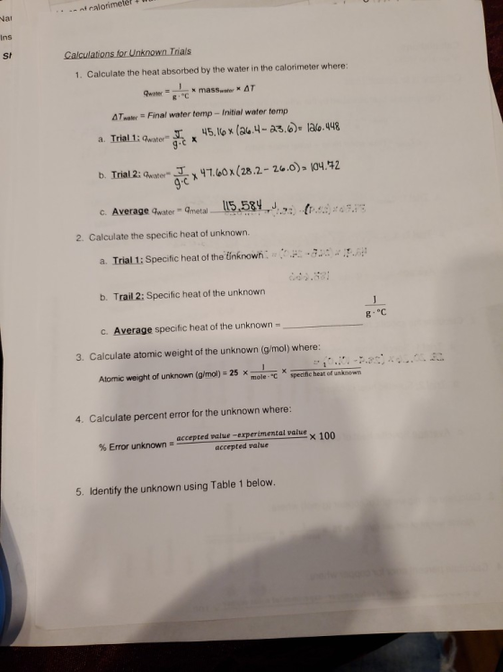 .. nt calorimetel + Wu at Ins Calculations for Unknown Trials 1. Calculate the heat absorbed by the water in the calorimeter