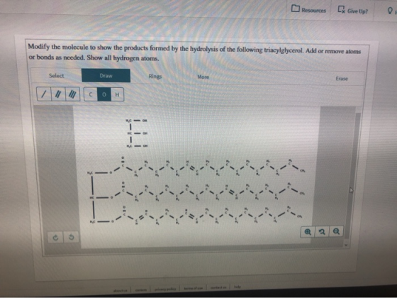 Resources [ Give Up? Do Modify the molecule to show the products formed by the hydrolysis of the following triacylglycerol. A