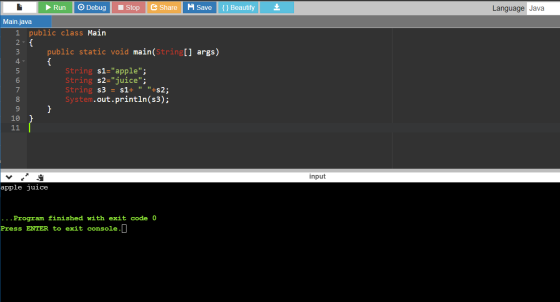 Run Debug Stop e Share A Save {}Beautify Language Java Main.java 1 public class Main 2 -{ public static void main(String[] ar