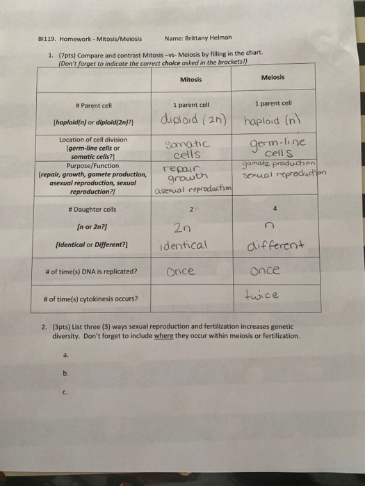 BI119. Homework - Mitosis/Meiosis Name: Brittany Helman 1. (7pts) Compare and contrast Mitosis -vs- Melosis by filling in the