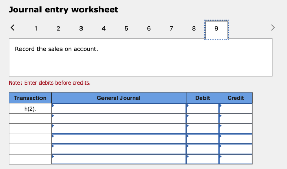 Journal entry worksheet < 1 3 4 5 6 7 8 Record the sales on account. Note: Enter debits before credits. Transaction General J