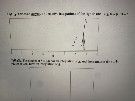 C8H.4. This is an alkyne. The relative integrations of the signals are I = 3, II = 9, III = 2. 8 5 4 PP 3 2 0 CgH:02. The sin