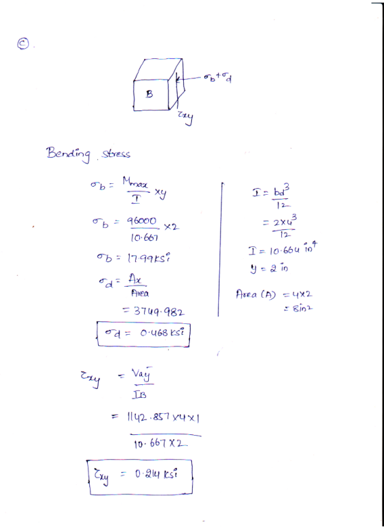 tooted Bending stress ob= Monad xy I = ba? of = 96000 x2 10.667 ob = 17.99ksi od= Ax Avea = 3709.982 I = 10.664 int ย 2 2 0 A