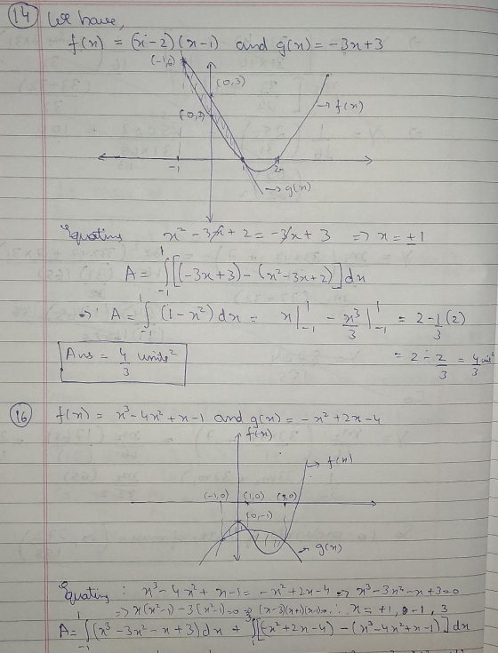 (14 We have, f(n) = (-2) (2-1) and g(n) = -3n+3. at(0) gin) quating a x-3h+2=-3x+ 3 = x=tl. A= $[-3x + 3) = 692-337)]dx 5 A-