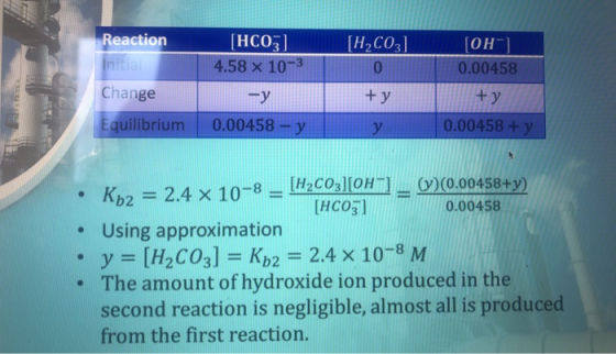 Reaction [H2CO3] Initia [HCO3) 4.58 x 10-3 -y 0.00458 - y TOH-1 0.00458 +y Change + y Equilibrium 0.00458 + y • K12 = 2.4 x 1
