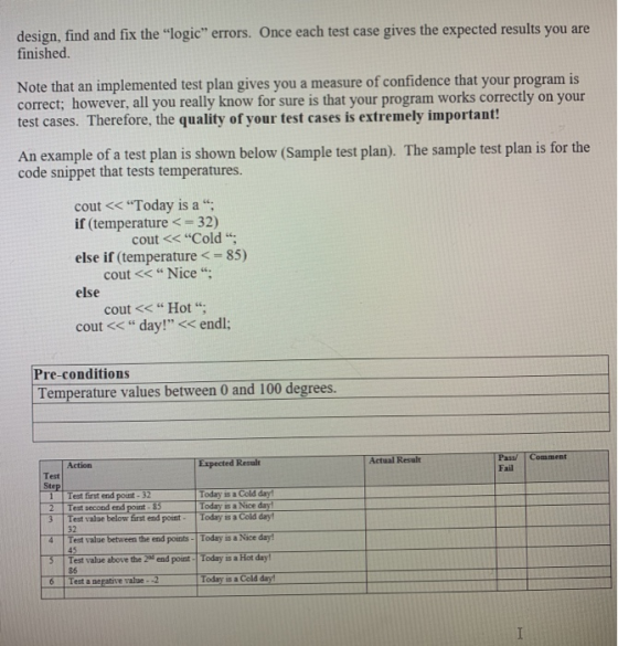 design, find and fix the logic errors. Once each test case gives the expected results you are finished. Note that an implem