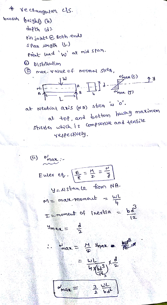 re ctongun s biedth (heigh) daPth (d) tin jojnti C oth end Point load Wat mid Pn Disbibution fA at top and om haug maximun shes e, which s Comp onve and tensile respecbvely 3 12- -man. = 2. 3 3 WL mat