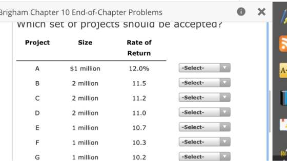 0 x Brigham Chapter 10 End-of-Chapter Problems wnicn set or projects should be accepted? Project Size Rate of Return $1 milli