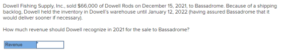Dowell Fishing Supply, Inc., sold $66,000 of Dowell Rods on December 15, 2021, to Bassadrome. Because of a shipping backlog,