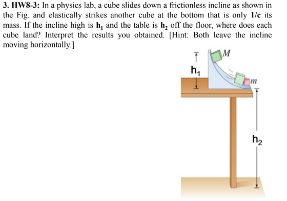 3. HW8-3: In a physics lab, a cube slides down a frictionless incline as shown in the Fig. and elastically strikes another cube at the bottom that is only 1/c its mass. If the incline high is h, and the table is h2 off the floor, where does each cube land? Interpret the results you obtained. Hint: Both leave the incline moving horizontally.] 1n h2