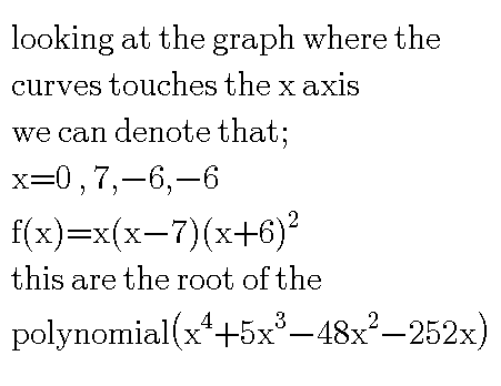 looking at the graph where the curves touches the x axis we can denote that; x=0,7,-6,-6 f(x)=x(x-7)(x+6) this are the root o