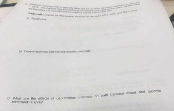 Diamond Company buys a specialty table saw for ts metar tw n ness on Janary (Required) Compute the depreciation expese for th