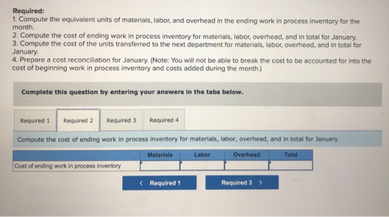 Required: 1. Compute the equivalent units of materials, labor, and overhead in the ending work in process inventory for the m