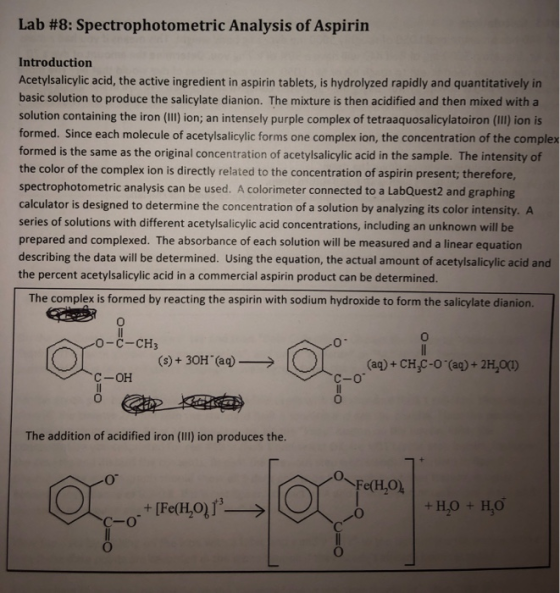 Lab #8: Spectrophotometric Analysis of Aspirin Introduction Acetylsalicylic acid, the active ingredient in aspirin tablets, i