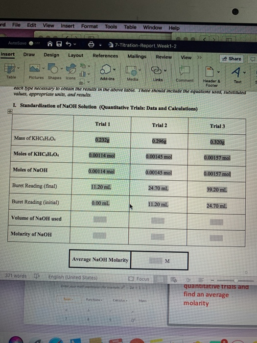 File Edit View Insert Format Tools Table Window Help AutoSaver 5 27-Titration-Report Weekl-2 insert Draw Design Layout Refere