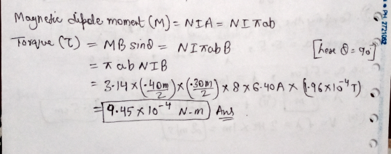 Maynede cpale momet (M)- NIA- NI Tab FOajue (T)MB sind NITab B =ズabNIB 314(-1om)) x 8 xG 40A 16161) .30m 2 7 9.45メ10-7N-m) An