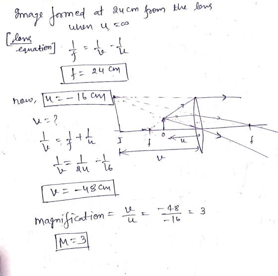 when ų Image formed at au am from the lens [lons egnation] foto to f = 24 cm 16cm now, I = u=? I to the I u f L qu v=-48cm -4