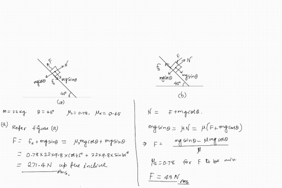CAN Say maloso masino mecoso masino c) 450 (a) m = 22 kg 0 = 450 fs= 0.78, Mx = 0.65 (a) Refer figure (a) F = fst ng sino = M