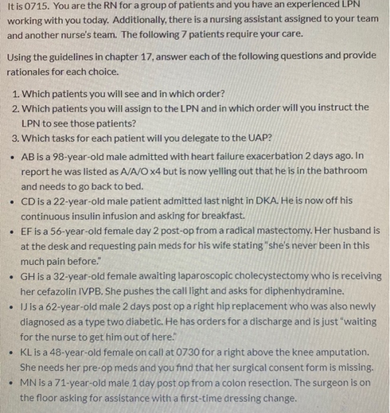 It is 0715. You are the RN for a group of patients and you have an experienced LPN working with you today. Additionally, ther