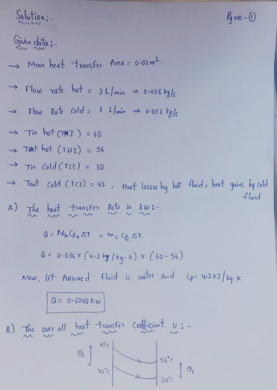 Solutions - Pg No - 0 Given data: → Mean heat transfer Area = 0.02m². → → → → → Flow rate hot = 3 L/min 01036 kg/s Flow Rate