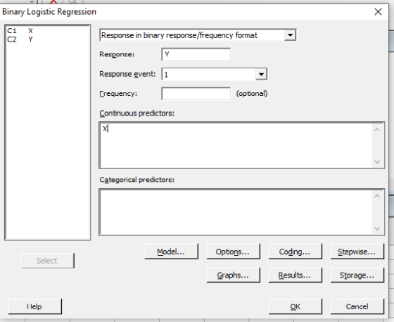 Binary Logistic Regression C1 X c2 ☺ Response in binary response/frequency format Response: Y Response event: 1 [requency: (o