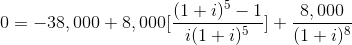 0 = -38,000 + 8.000(1+i)-1, 8,000 0 +8,000 (1 + i)5 + (1 + i)8