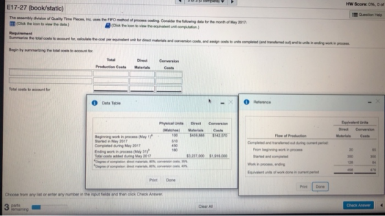 HW Score: 0 %, 0 of E17-27 (book/static) Question Help The assembly division of Quality Time Pleces, Inc. uses the FIFO metho