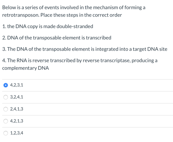 Below is a series of events involved in the mechanism of forming a retrotransposon. Place these steps in the correct order 1.
