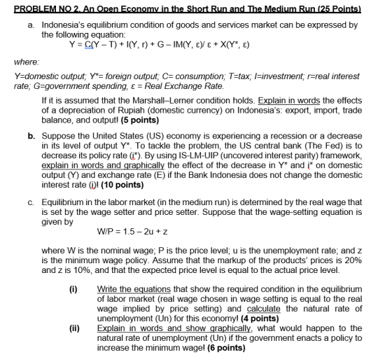 PROBLEM NO 2. An Open Economy in the Short Run and The Medium Run (25 Points) a. Indonesias equilibrium condition of goods a