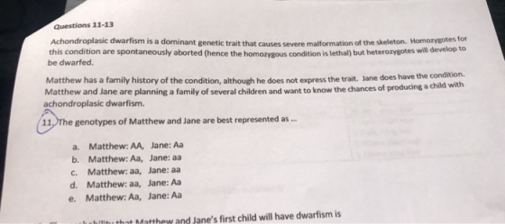 Questions 11-13 Achondroplasic dwarfism is a dominant genetic trait that causes severe malformation of the skeleton.no this c