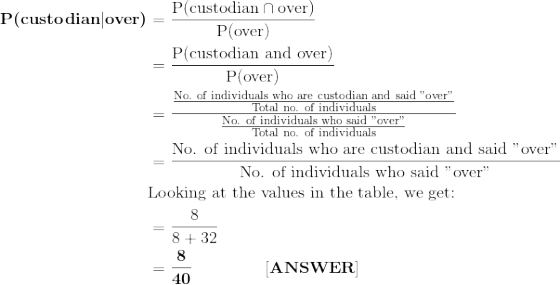 \begin{align*} \textbf{P(custodian}|\textbf{over)} &= \frac{\text{P(custodian}\cap \text{over)}}{\text{P(over)}} \\ &= \frac{\text{P(custodian and over)}}{\text{P(over)}} \\ &= \frac{\frac{\text{No. of individuals who are custodian and said "over"}}{\text{Total no. of individuals}}}{\frac{\text{No. of individuals who said "over"}}{\text{Total no. of individuals}}} \\ &= \frac{\text{No. of individuals who are custodian and said "over"}}{\text{No. of individuals who said "over"}} \\ &\text{Looking at the values in the table, we get:} \\ &= \frac{8}{8+32} \\ &= \bf \frac{8}{40} \ \ \ \ \ \ \ \ \ \ \ \ \ [ANSWER] \end{align*}