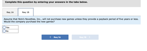 Complete this question by entering your answers in the tabs below. Req 1A Req 1B Assume that Nicks Novelties, Inc., will not