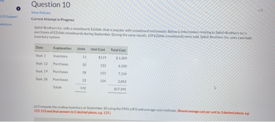 Question 10 LUS Support View Policies Current Attempt in Progress okstore Splish Brothers Inc. sells a snowboard. EZslide, th