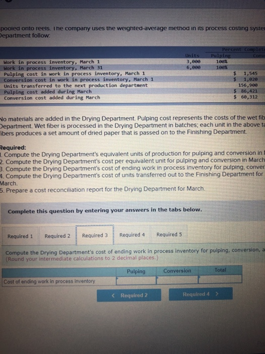pooled onto reels. The company uses the weighted average method in its process costing syster Department follow: Units 3,000
