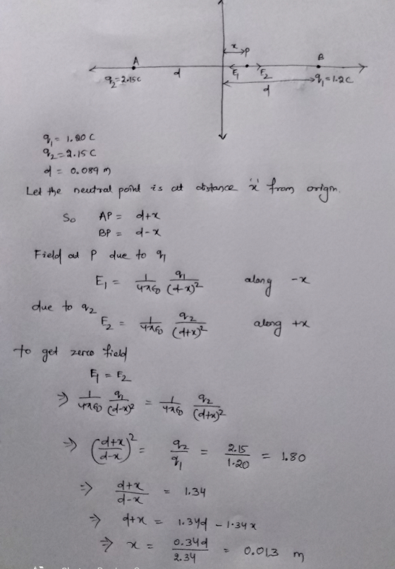 e. 9,-2.15 12C -2.IS C origm Field os P due to alon due to ½ 215 = 1.30 1.20 うX- 0,344 0,013