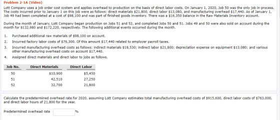 Problem 2-1A (Video) Lott Company uses a job order cost system and applies overhead to production on the basis of direct labor costs. On January 1, 2020, Job 50 was the only job in process. The costs incurred prior to January 1 on this job were as follows: direct materials $21,800, direct labor $13,080, and manufacturing overhead $17,440. As of January 1, Job 49 had been completed at a cost of $98,100 and was part of finished goods inventory. There was a $16,350 balance in the Raw Materials Inventory account. During the month of January, Lott Company began production on Jobs 51 and 52, and completed Jobs 50 and 51. Jobs 49 and 50 were also sold on account during the month for $132,980 and $172,220, respectively. The following additional events occurred during the month 1. 2. 3. Purchased additional raw materials of $98,100 on account. Incurred factory labor costs of $76,300. Of this amount $17,440 related to employer payroll taxes. Incurred manufacturing overhead costs as follows: indirect materials $18,530; indirect labor $21,800; depreciation expense on equipment $13,080; and various other manufacturing overhead costs on account $17,440 Assigned direct materials and direct labor to jobs as follows 4. Job No Direct Materials Direct Labor 50 51 52 $10,900 42,510 32,700 $5,450 27,250 21,800 Calculate the predetermined overhead rate for 2020, assuming Lott Company estimates total manufacturing overhead costs of $915,600, direct labor costs of $763,000, and direct labor hours of 21,800 for the year Predetermined overhead rate