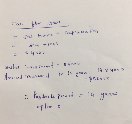 Cash flow Iyear Depreciation Met Income t 3000 + 1000 - $ 4000 = 56000 Inital inves tment: 14 X 4000 in 14 years = Amocent re