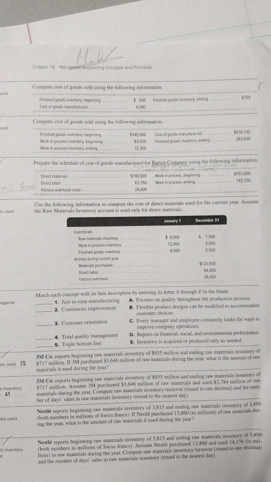 Chapter 18 Managerial Accounting Concepts and Principles Compute cost of goods sold using the following information sold Fini